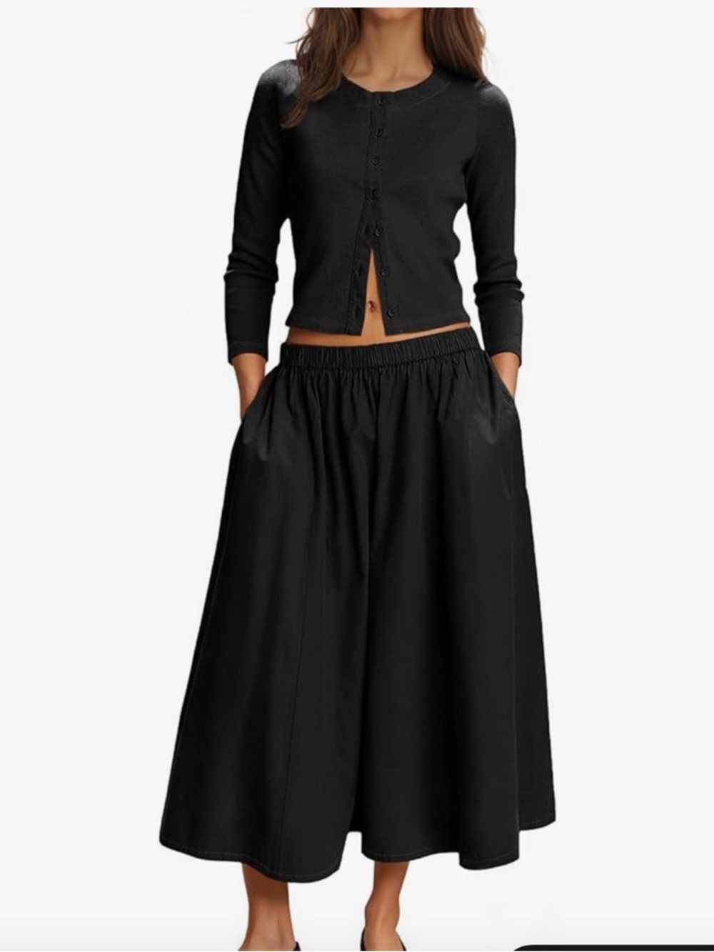Amazon Black Maxi Skirt with Elastic Waist and Side Pockets